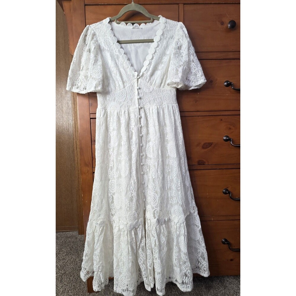 By The River White Lace Midi Dress Size Medium Boho Festival Whimsy Cottage
